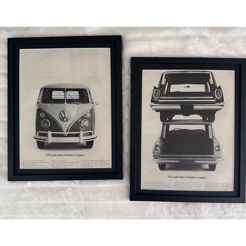 2 Framed 1965 Vintage Print Ads Car VW Volkswagen Station Wagon Cubic Feet
